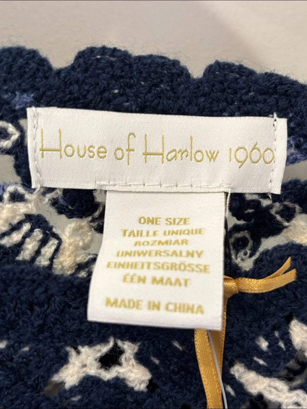 NWT House of Harlow 1960 Blue Geometric design Crochet fringe poncho